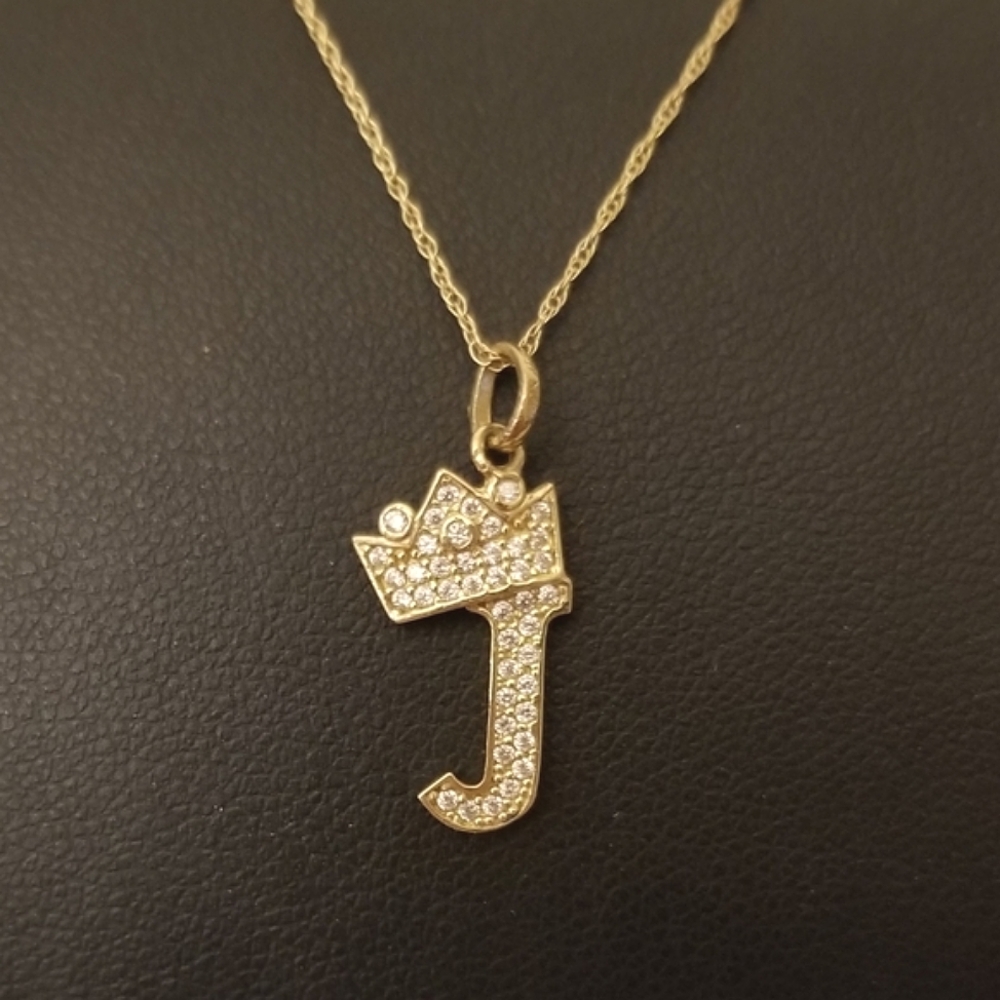 10K Gold "J" Intial Crown Pendant Necklace